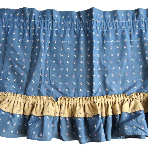 Vintage 70s Curtain Panel (1) Flower Blue Brown Ruffle 17" x 66" USA Made - Picture 2 of 8